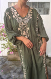 AMORA KHAKI HAND EMBROIDERED KAFTAN DRESS